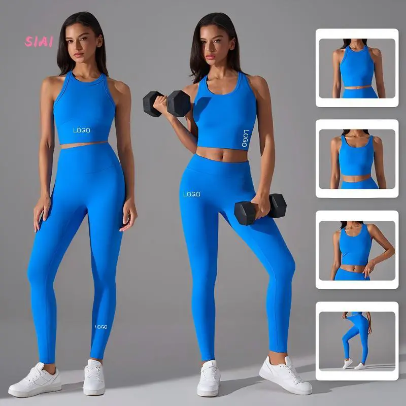 2026 Summer Solid Plus Size Mid-Waisted Leggings Top Yoga Workout Set for Women Four-Way Stretch Front 3-Piece Athletic Active