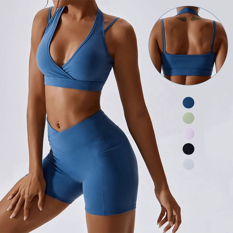 2023 Women Halter Sports Bra Front Cross Ruched Fitness Yoga Top Breathable Medium Support Sports Tank Tops