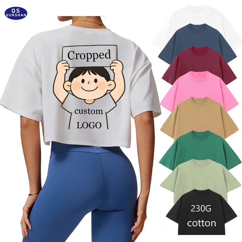 Summer Loose Casual Yoga Fitness Women's Cropped T-Shirt Fashion Cut Boxy Pure Cotton T-Shirts for Women Custom Logo Printing