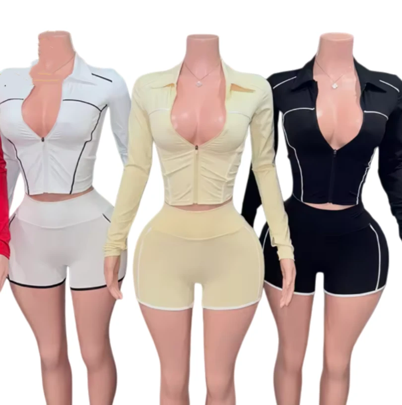Women 2 Pieces Set Quick Drying Yoga Suit Long Sleeved Sports Top Zipper Shorts UV Clothes