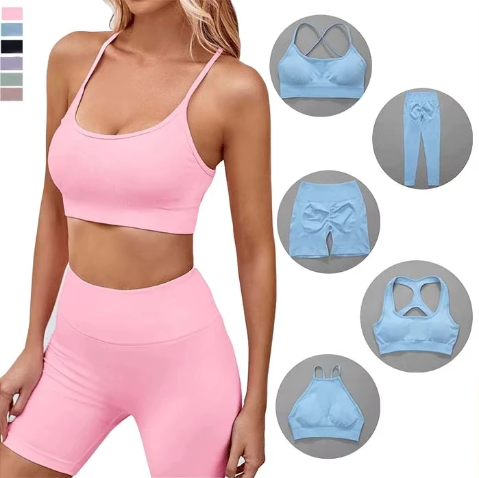 MAYYOUNG New Seamless 5 Pcs Women Fitness Set Sexy Bra Vest High Waist Yoga Leggings Quick Drying Breathable Sport Wear
