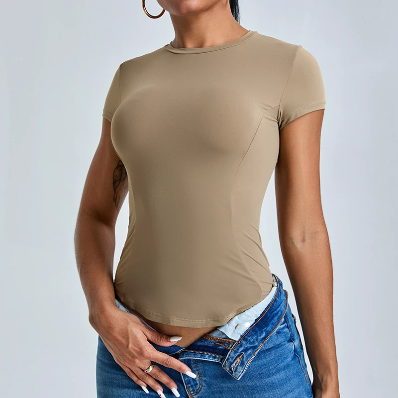 Women's Dry Fit Summer Workout Compression Tops Crew Neck Short Sleeve Yoga Gym Tees Stretchy Slim Fit Knitted Fabric