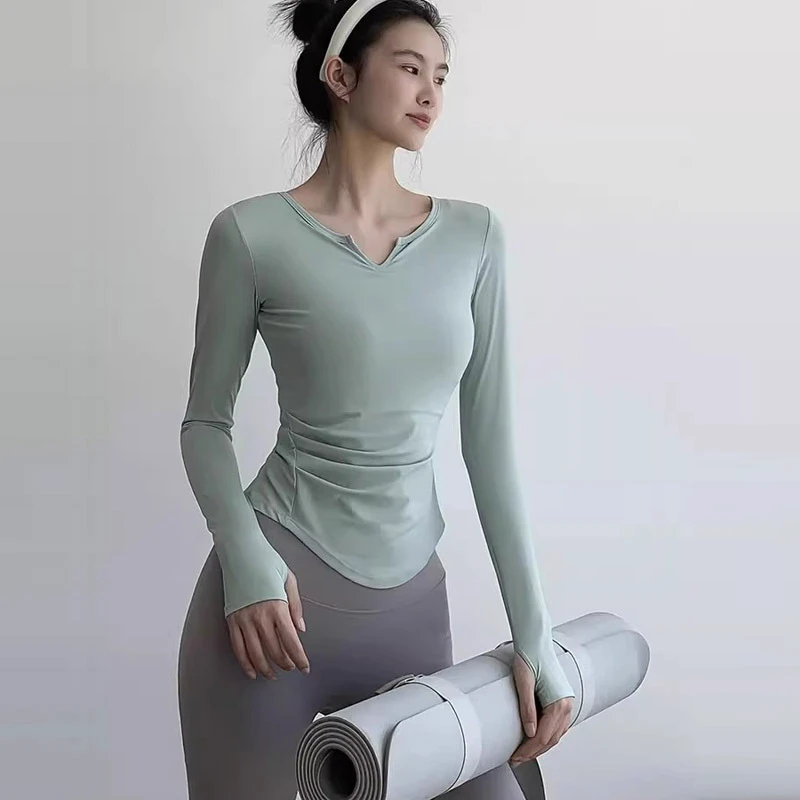 V Neck Yoga Long Sleeve Top Front Logo Women's Fixed Cup Fitness Quick Dry Nylon Spandex T-Shirts