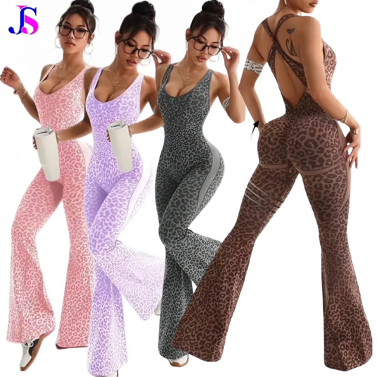 JINSI Women Leopard Cross Back Flared Yoga Bodysuits Gym Fitness Yoga Jumpsuit Workout Clothes Quick-drying Sportswear Shapewear