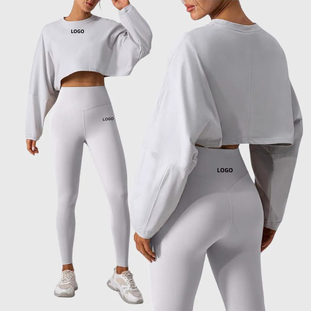 Wholesale Loose Long Sleeve Sweatshirt Casual Cropped Pullover Workout Clothing Yoga Crop Top