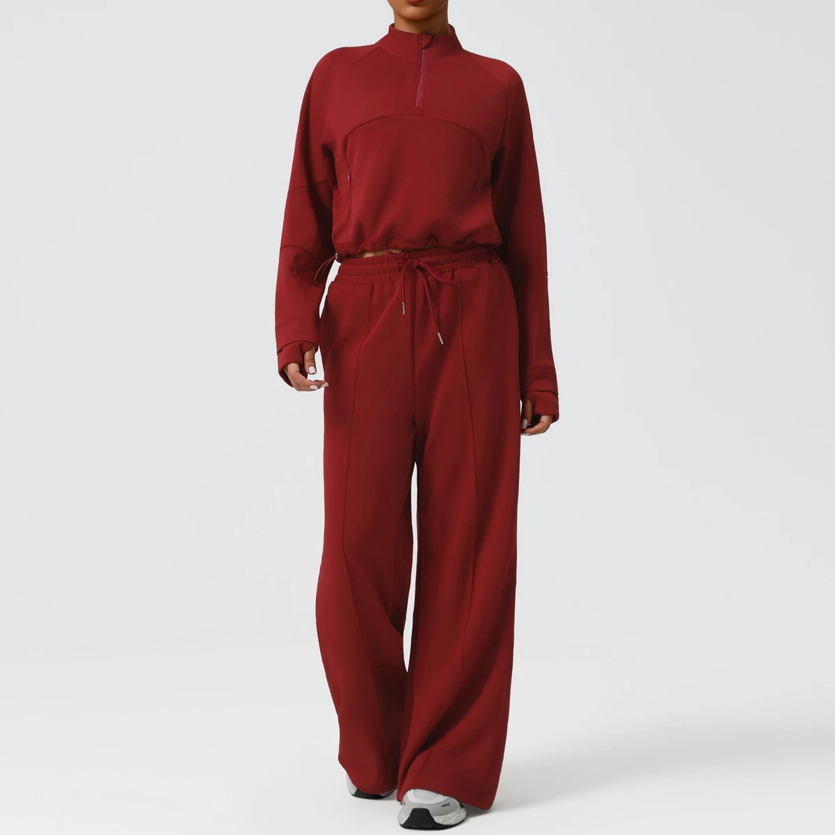 Autumn Winter Two-Piece Yoga Sports Suit for Women High Waist Wide Leg Trousers Long-Sleeved High-Waist Sweater Solid