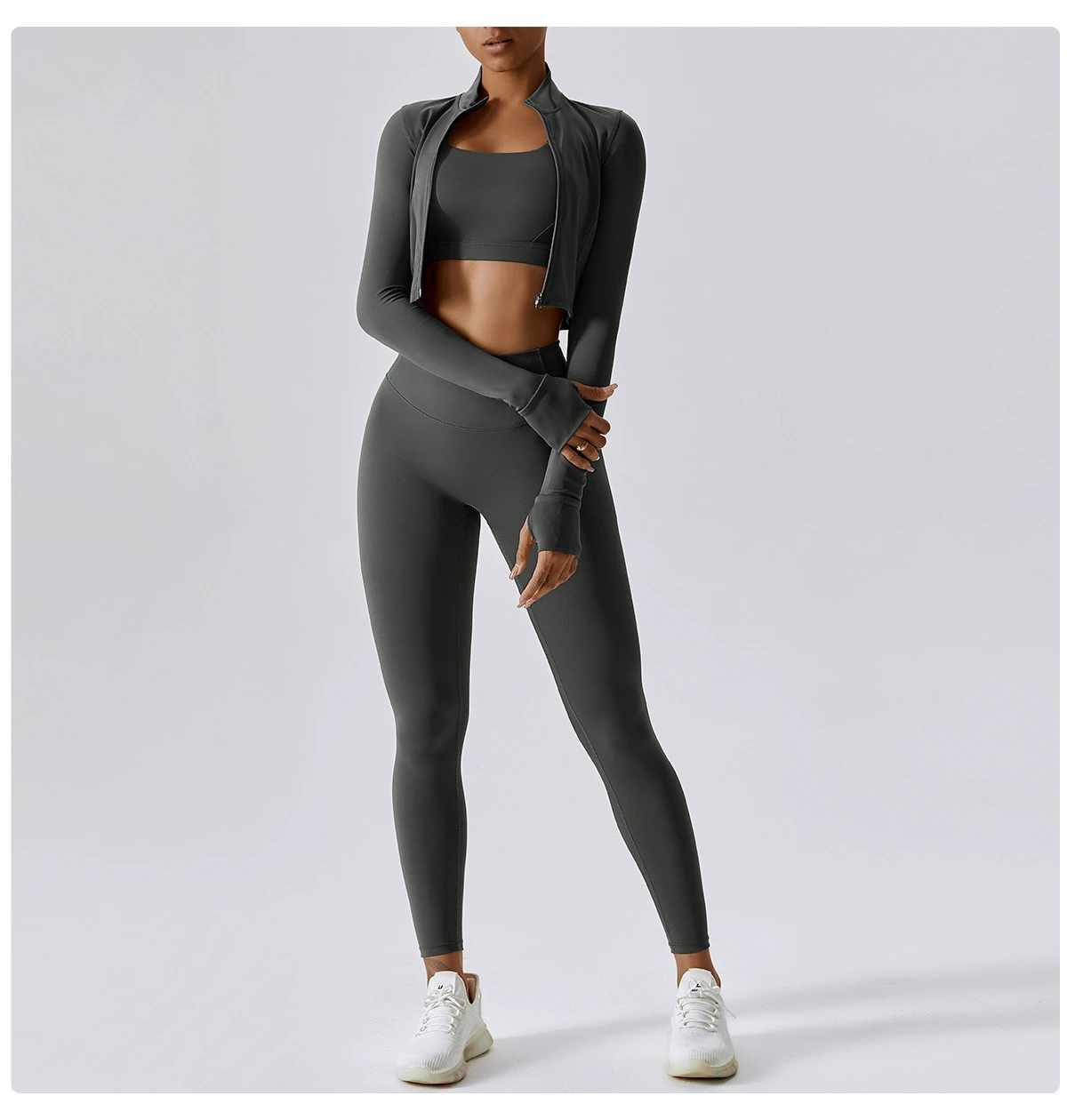 Women's Three Piece Yoga Gym Set with Customizable Logo on Waist Butt Lift Flare Leg Pants V-Neck Sports Bra Full Zipper Jacket