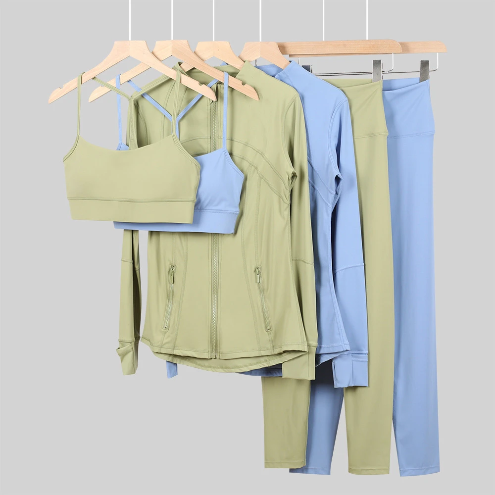 Women's DF Jacket 3-Piece Yoga Set Solid Stand Collar Leggings Four-Way Stretch Breathable Quick Dry Gym Front Elastic Waist