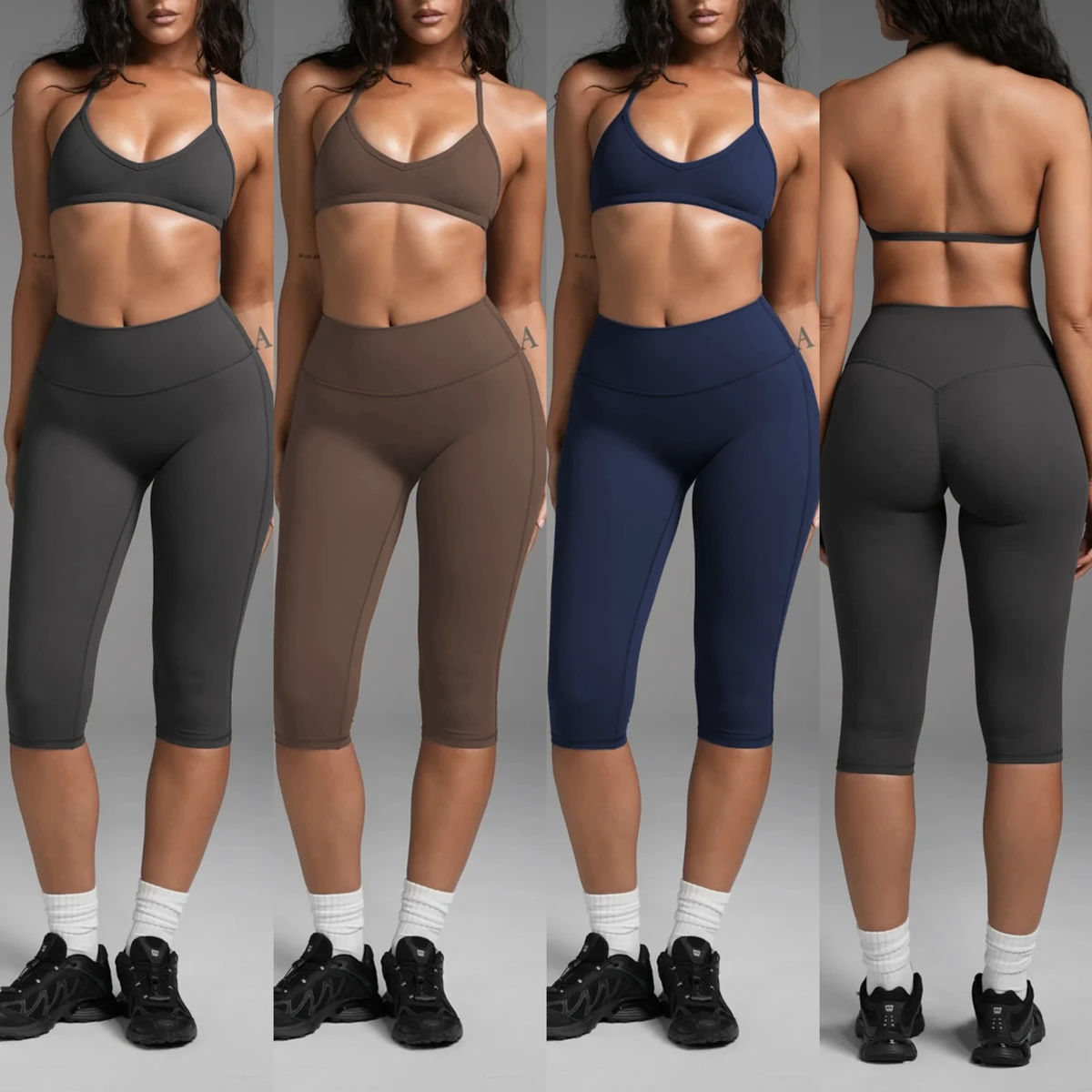 Women's Sports Active Gym Fitness Wear Yoga Set Two-Piece Halter Bra Knee-Length Legging Tights Solid Breathable Recyclable