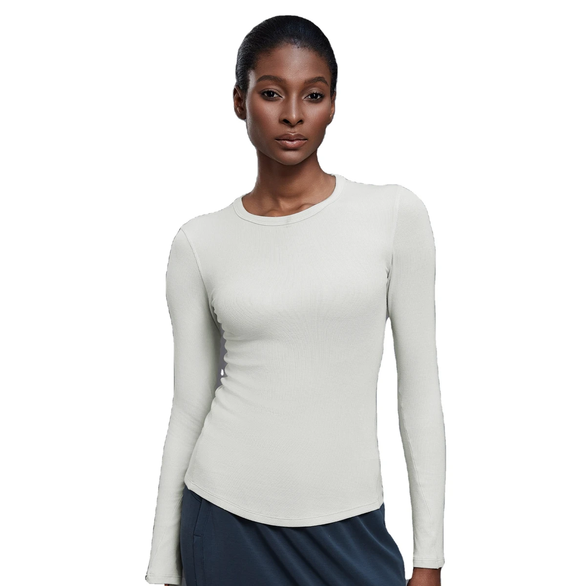 D25145 Women's Long-Sleeved Sports T-Shirt Hot Selling High Elasticity Shaping Yoga Top Vertical Stripes Ribbed Front Logo TOP