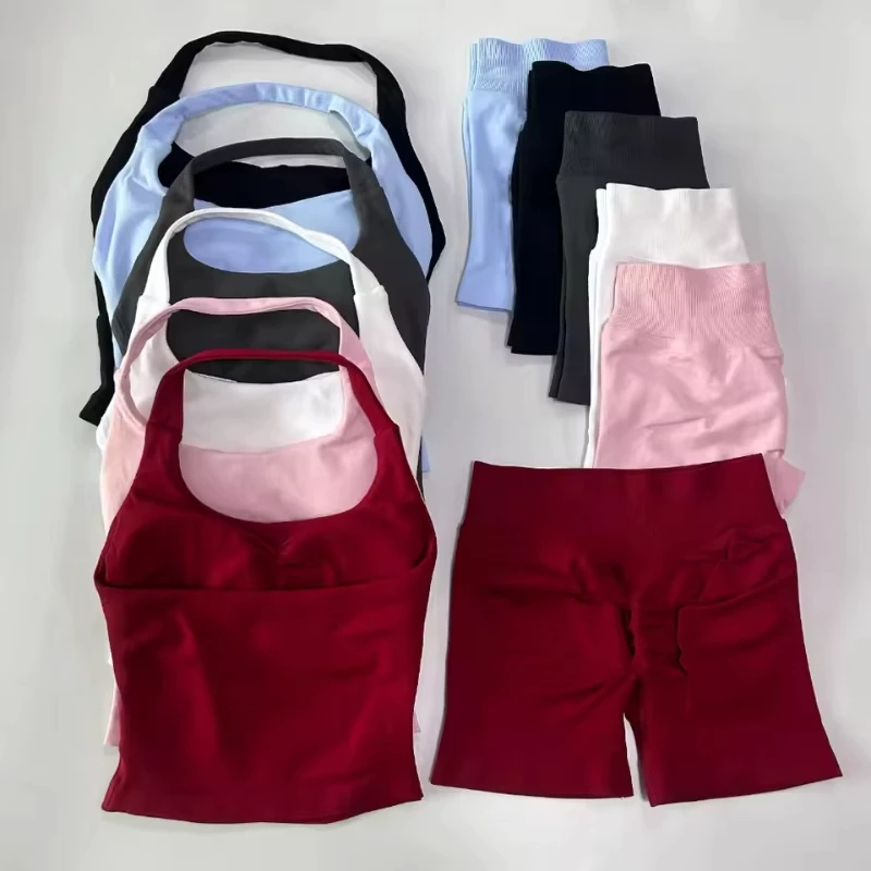 2 Pieces Solid Women Backless Halter Tops Sports Yoga Set High Waist Elastic Waist Front Seamless Fitness Sets Women