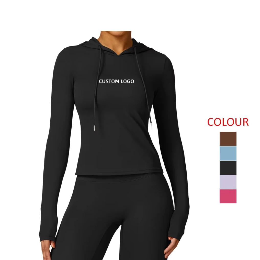 OEM Custom Logo Hooded Women's Yoga Long Sleeve Top Breathable Fitness Yoga Wear for Women Running Yoga Clothes Printed Pattern
