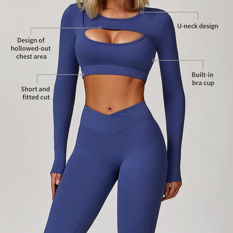 Custom logo Stylish Front Hollow Women's Yoga Tops Long Short Sleeve Padded Shockproof Yoga Pilates T-shirt Ladies Crop Top