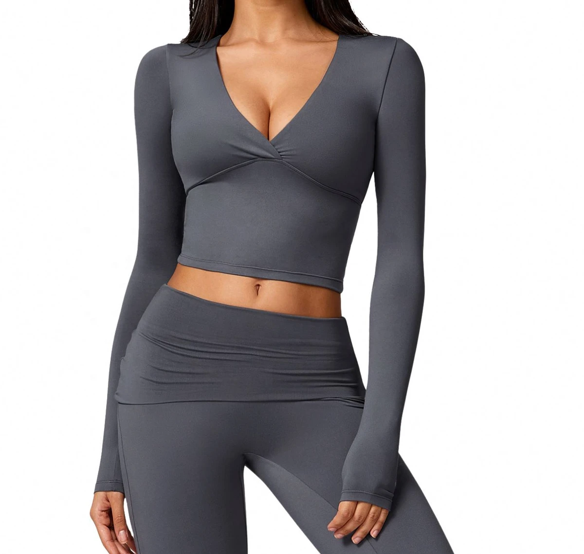 Custom Fashionable Deep V-neck Breathable Stretchy Long-sleeved Skin-friendly Sweat-wicking Yoga Top for Women