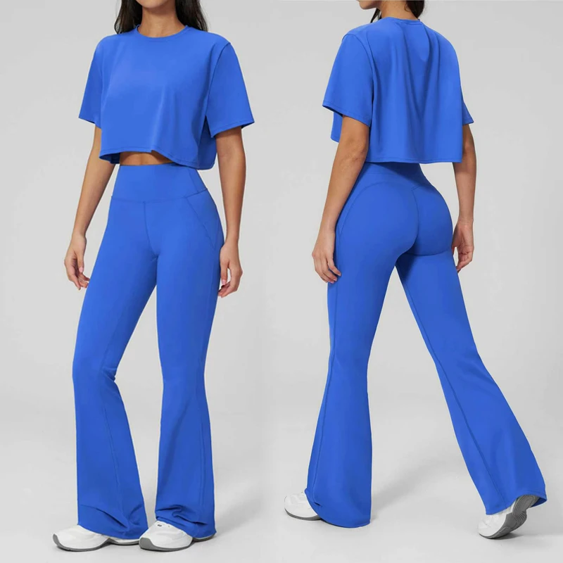 Women's 2 Piece Yoga Set Short Sleeve Crop Top High Waist Flare Leggings Quick Dry Activewear