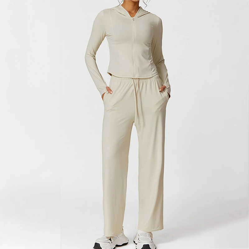 Custom Quick Dry Women Casual Tight Zipper Hooded Yoga Jacket Breathable Loose Pocket Strap Pants Fitness Gym Sports Yoga Set