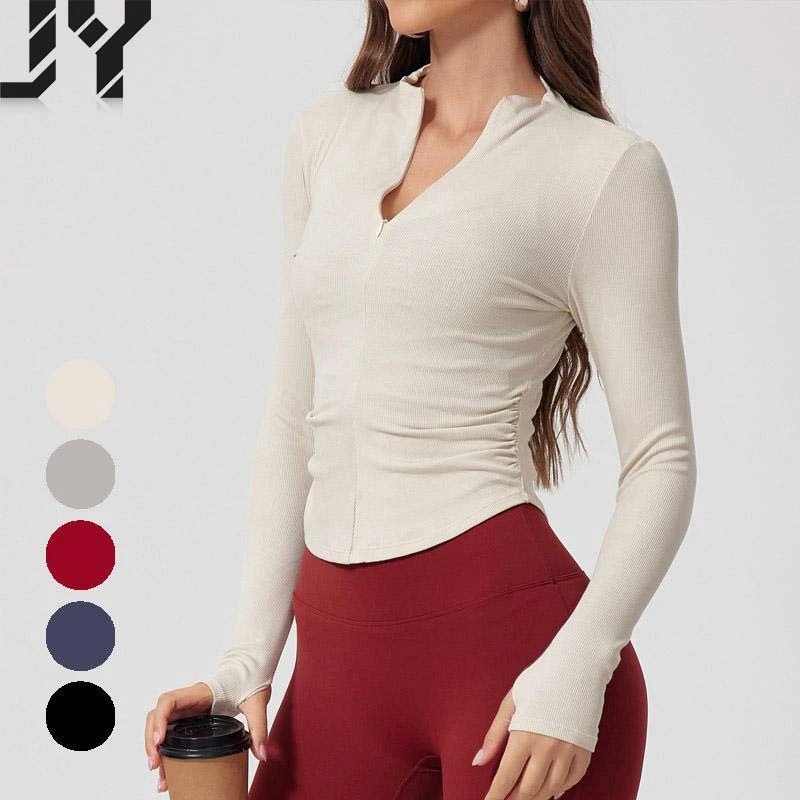 Form-fitting Nude-Feel Long-Sleeve Ribbed Yoga Top Outdoor Sports Top with Stretch and Slimming Effect Half-Zip Training Top