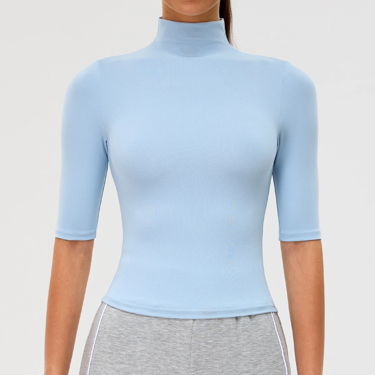 Wholesale Girls Ribbed Yoga Pilates Top Half-sleeve Fitness Workout Top High Neck Stretchy Running Sportswear