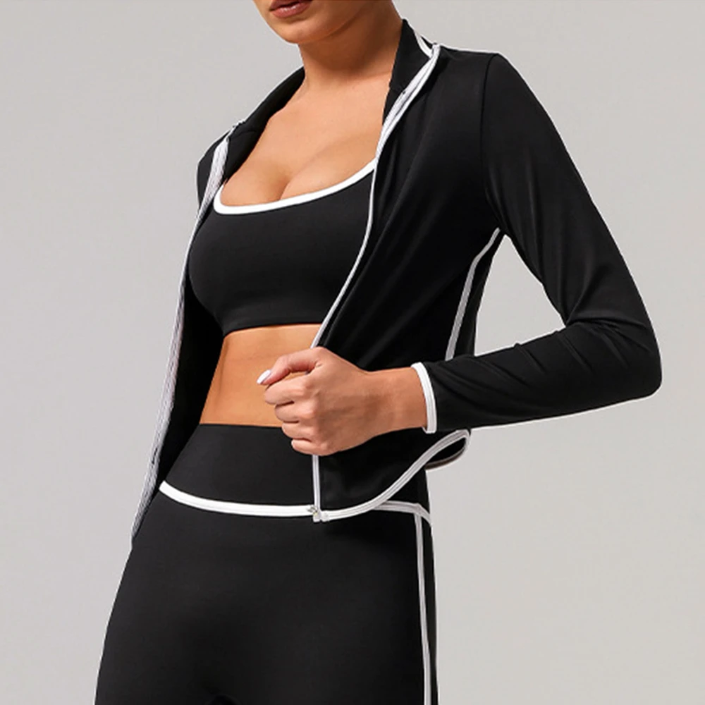 Women's Solid Breathable Quick-Dry Polyester/Cotton Long Sleeve Fitness Top with Stand Collar