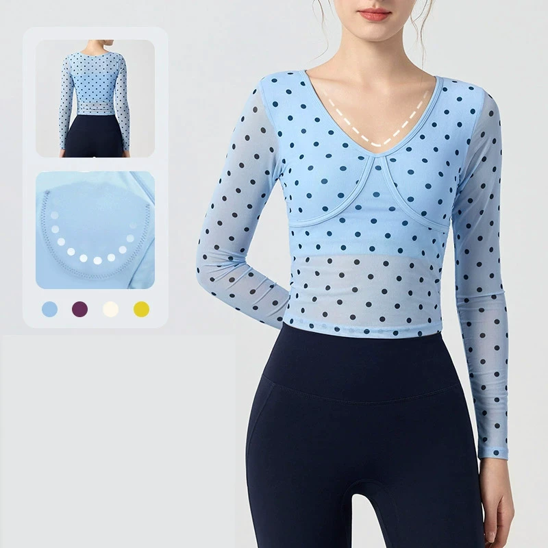 New Fashion Polka Dot Long Sleeve Breathable Yoga Tops V-neck Built in Pads Mesh Tops Pilates Dancewear