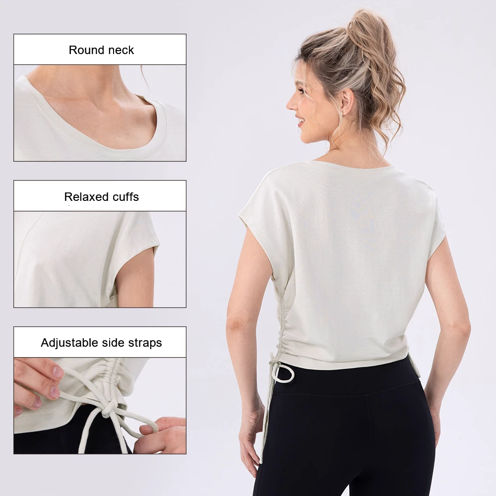 Sports Gym Workout Yoga Tops 80% Cotton 20% Nylon Fitness Active Wear Women Yoga Round Neck T Shirt With Side Drawstring