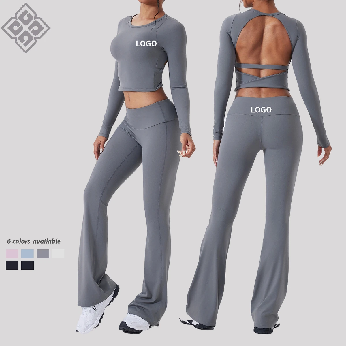 New Design Scoop Neck Long Sleeve Backless High Waist Crop Tops Quick Dry Nylon Spandex Yoga Clothes Tight Elasticity 2-Piece