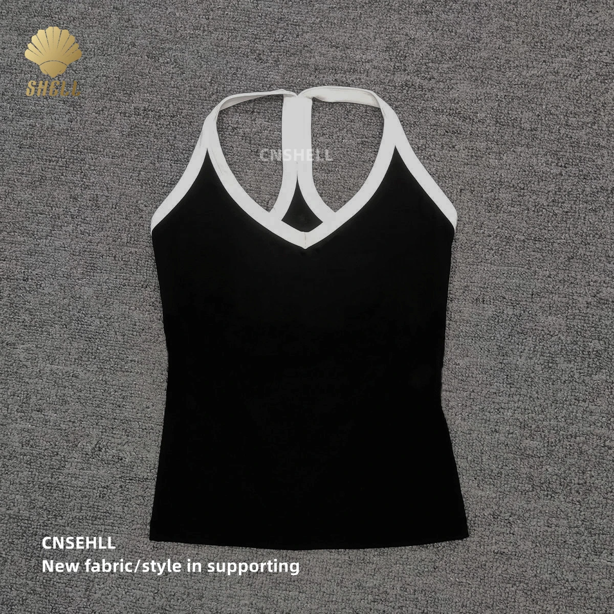 CNSHELL Contrast Color Quick Dry V Neck Sports Bra Gym Tights Breathable Mesh Double Layer Stretch Yoga I Shape Back