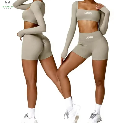2024 Women's Sport Top Gym Yoga Crop Top and Biker Short Set Long Sleeve Fitness Clothing with Elastic Waist Closure Hot Sale