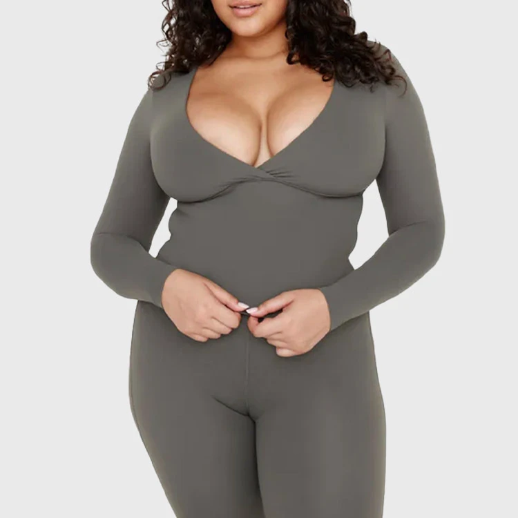 High Quality New Activewear Sports Outfit Long Sleeve Yoga Top Sexy V-neck Women Loungewear 1pc Brown Gym Fitness Yoga Shirt