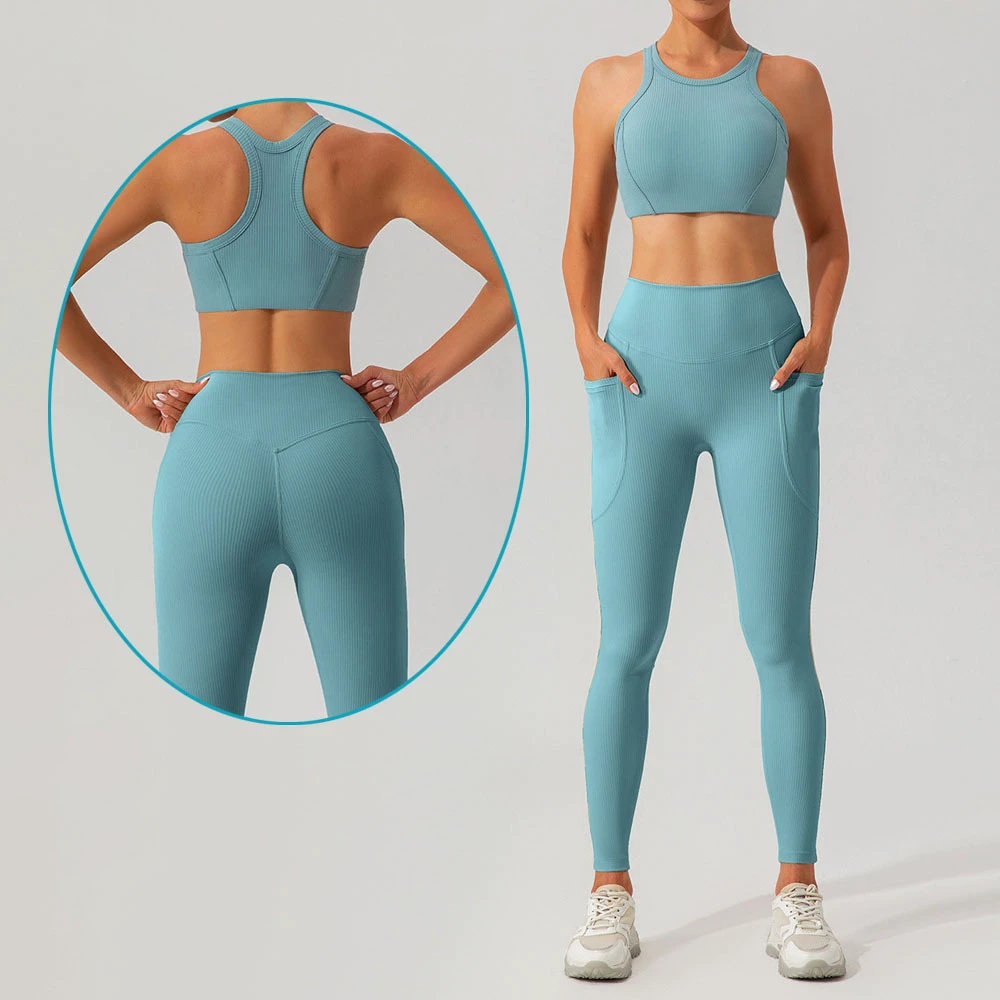 2025 Autumn Crew Neck Padded Racerback Sports Bra and Side Pockets Active Leggings Sets Women's 2PCS Ribbed Yoga Clothing