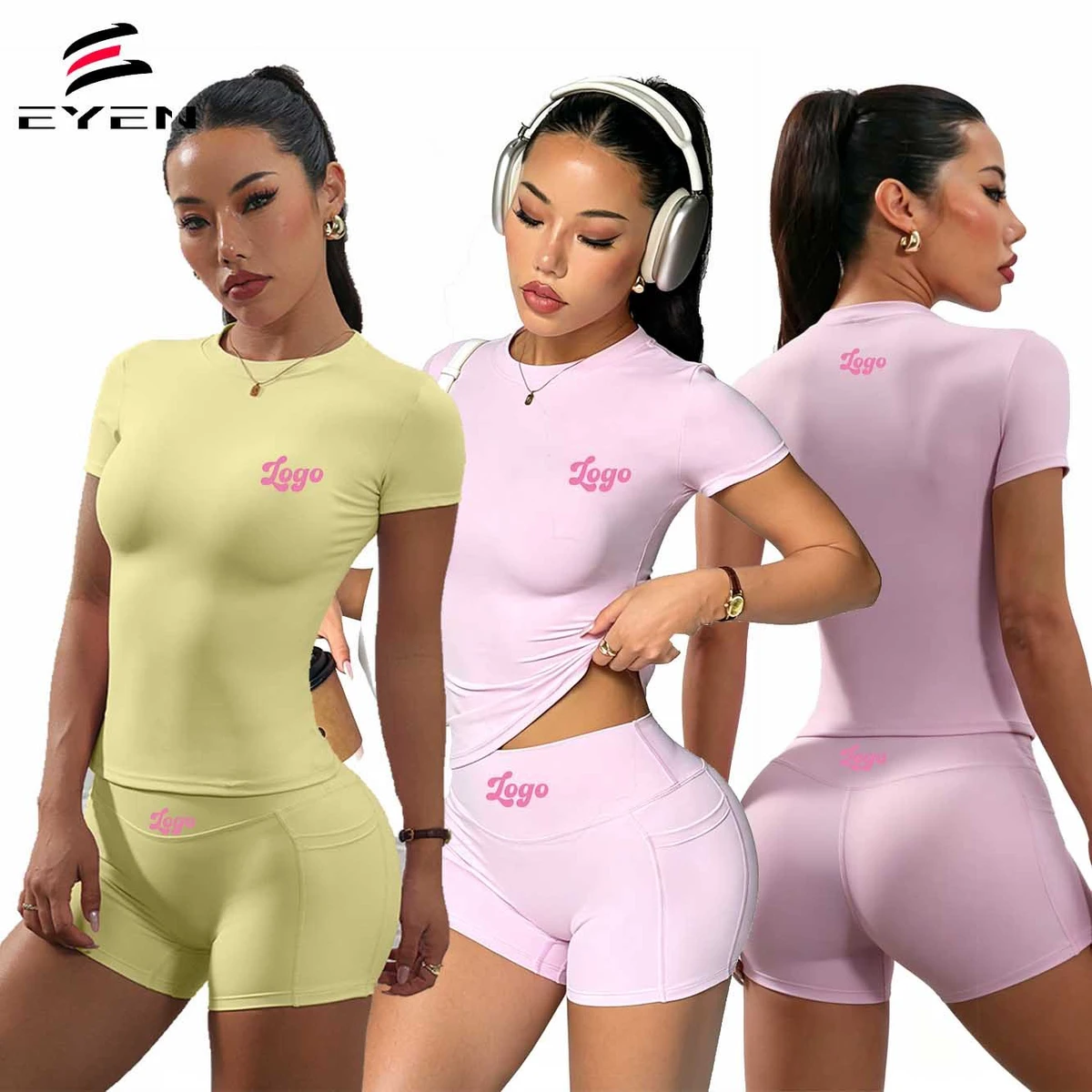 Wholesale Women Custom Logo Plain Clothing Sports 2 Piece Yoga Shorts Set Nylon Gym Workout Training Fitness Yoga Sets for Women