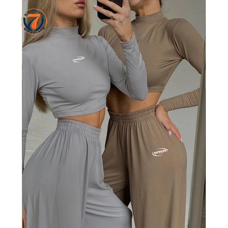 Custom logo Women Comfortable Cotton Spandex Gym 2 Pcs Yoga Set Sportwear Long Sleeve Casual High-Waisted Top Wide-Leg Pant Set