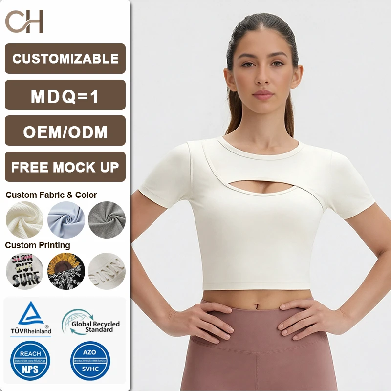 Women's Fashion Hollow Out Sports Yoga Short Sleeve T-Shirt Breathable Running Fitness Top Stretch Slim Fit Round Neck Shirt