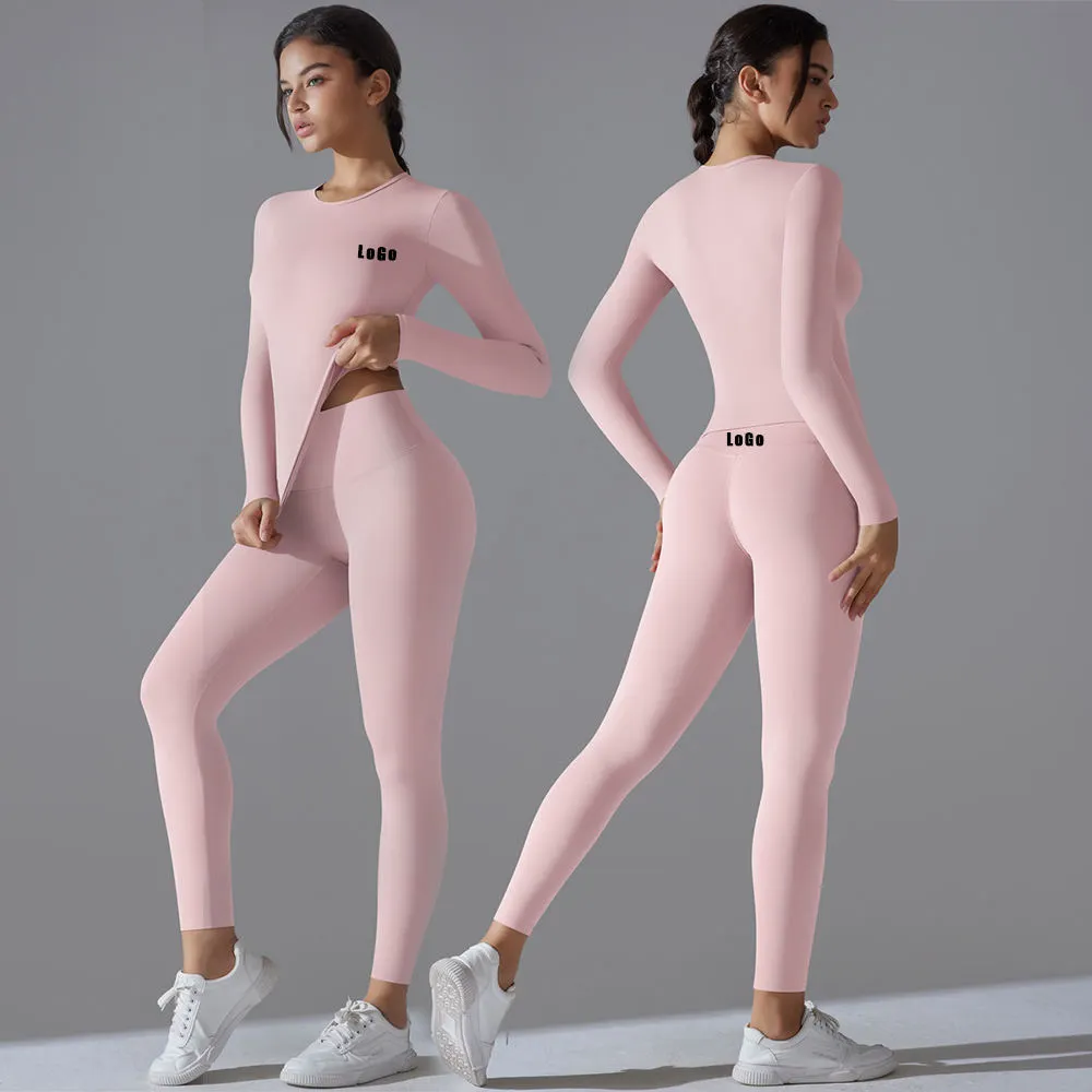 New Women Round Neck Sports T-shirt Long Sleeve Tops Running Fitness Leggings Yoga Sets