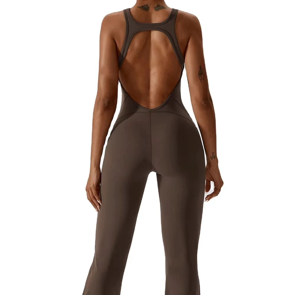2025 Best-selling Sports Jumpsuit With Padded Yoga Clothing Micro-flared Pants Sexy Hollow Back Yoga Rompers For Woman