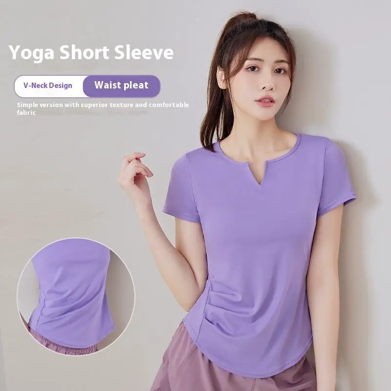 Women Yoga Active Shirt Short Sleeve V Neck Waist Pleated Breathable Fabric Yoga Workout Sports Shirt