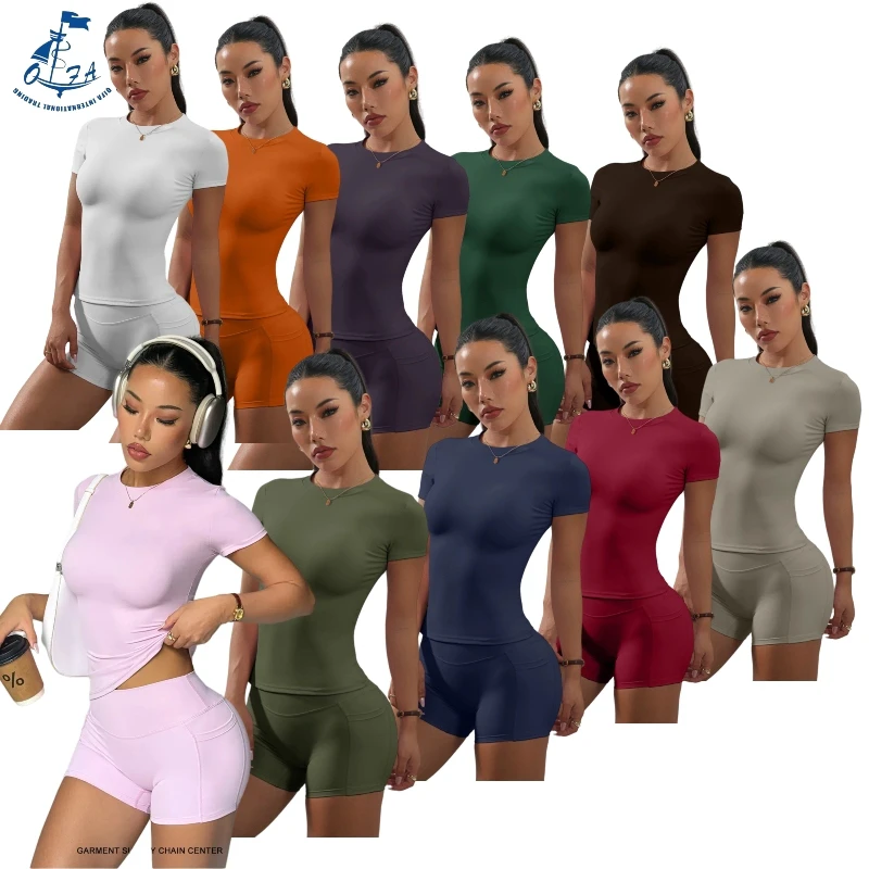 Women Short Sleeve Shorts 2pcs Yoga Sets Gym Fitness Sets Activewear Workout Running Nude Yoga Clothes Quick-drying Sportswear