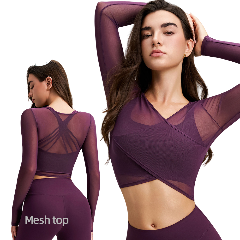 New Breathable Mesh Four-Way Stretch V-neck Blouse Fitness Sports Hollow Tight-fitting Women's Long Sleeve T-shirt