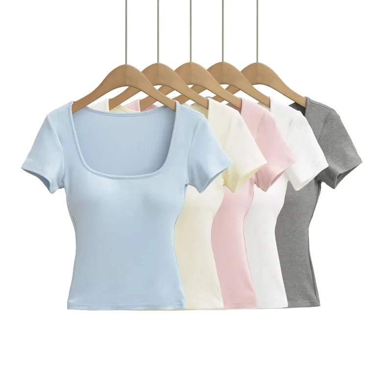 Big Round Neck Basic Women's T-Shirt Chest Pad Breathable Four-Way Stretch Slim Fit Crop Top Summer Solid Color