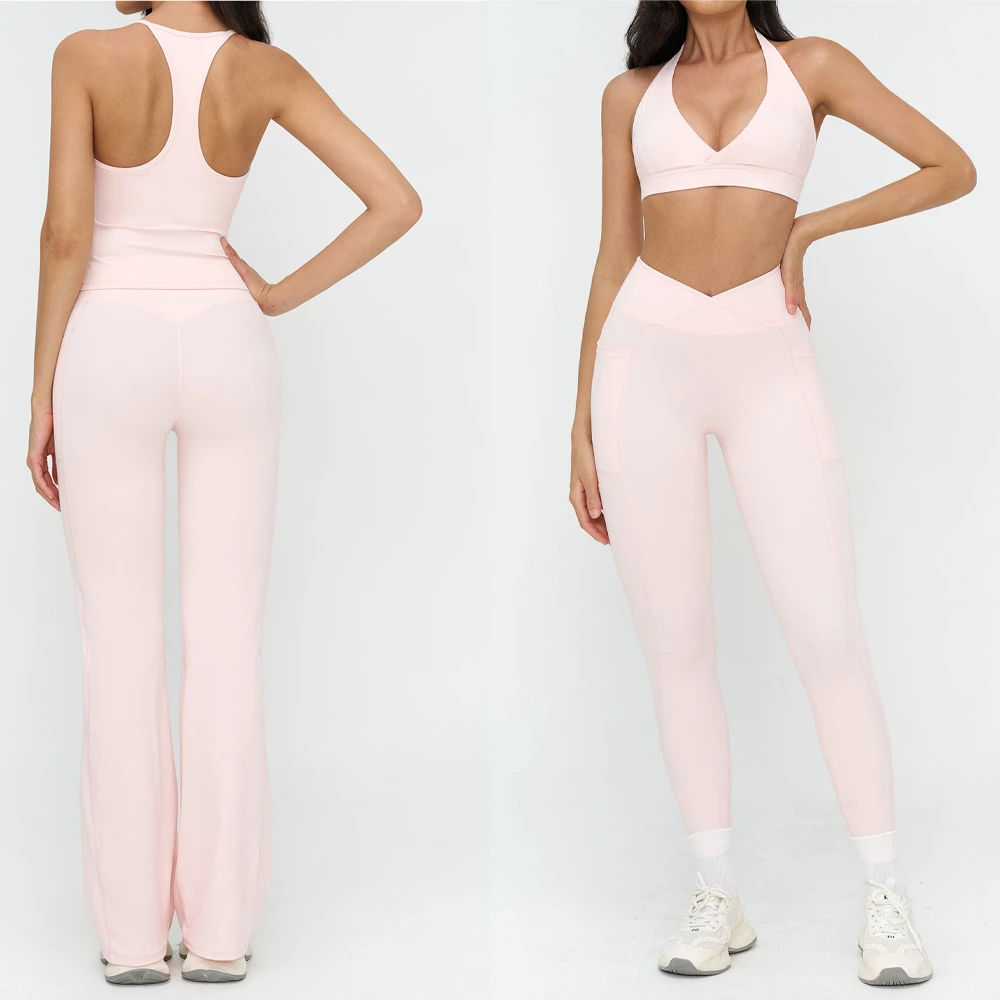 Custom Logo 6 Piece Women Gym Fitness Sets Full Zip up Jacket Flared Leggings Halter Soft Women's Sports Active Wear Sets