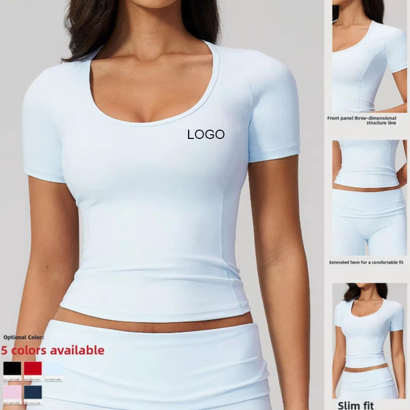 Sanding Yoga Short-sleeved Top Women's Slim-fit Spandex/Nylon Solid Pattern Outdoor Fitness Quick-drying Front Tight-fitting