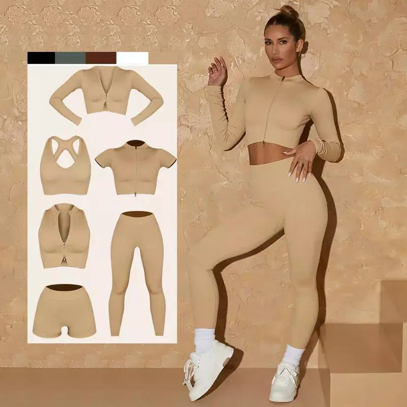 Lcool 2022 Custom logo 6 Pcs Yoga Set Ribbed Long Sleeve Sexy Bra Waist Trainer Leggings Fitness Sets 6 Piece Yoga Set