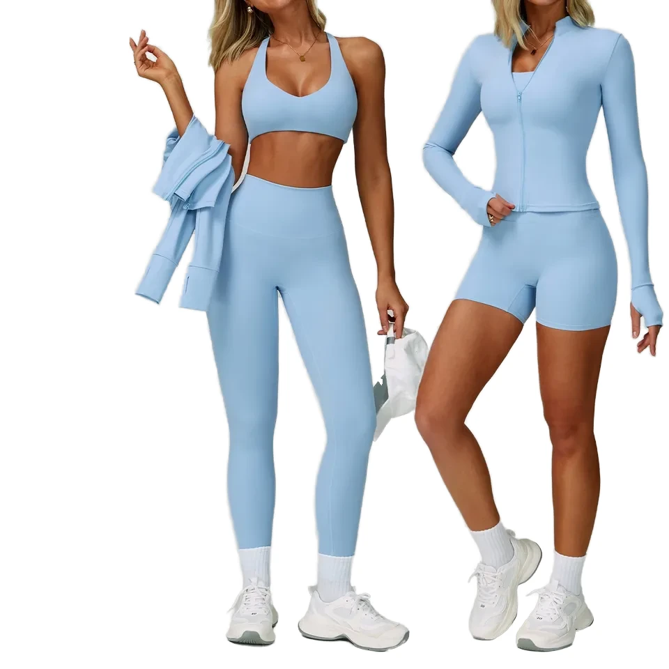 Summer Three-Piece Solid V-neck Adjusted-straps Yoga Set High-Waisted Spandex/Nylon Tight-Fitting Full-Length Breathable