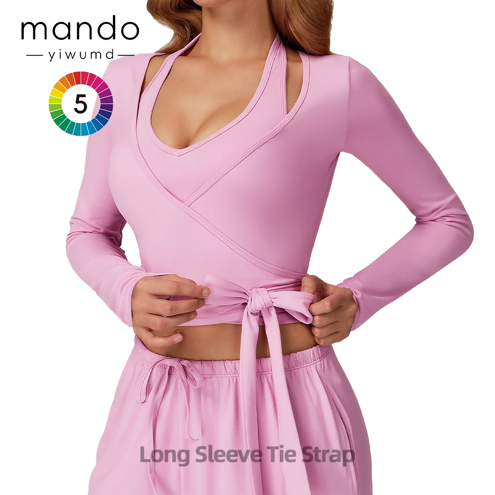 High-Quality Polyester One-Piece Cut Long-Sleeve Side-tie T-shirt Windproof Warm Yoga Wrap Tops For Women