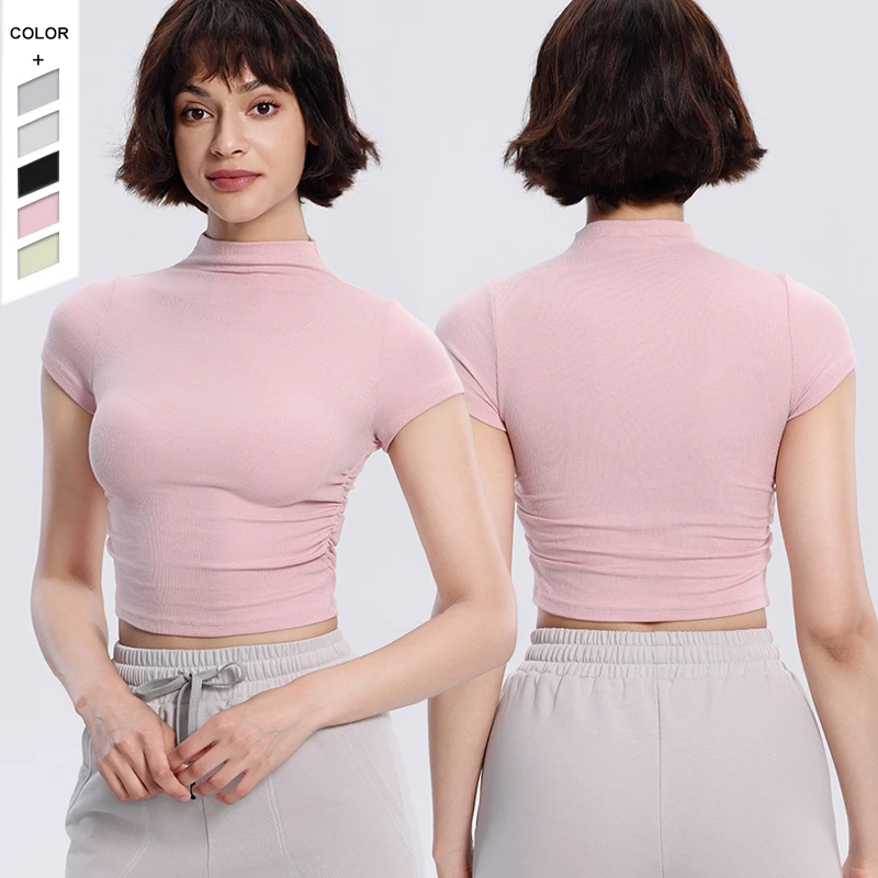 2024 New Yoga Short Sleeve T-shirt Women's Short Slim-fit Half High Neck Fold Waist Yoga Suit Sports Casual Top