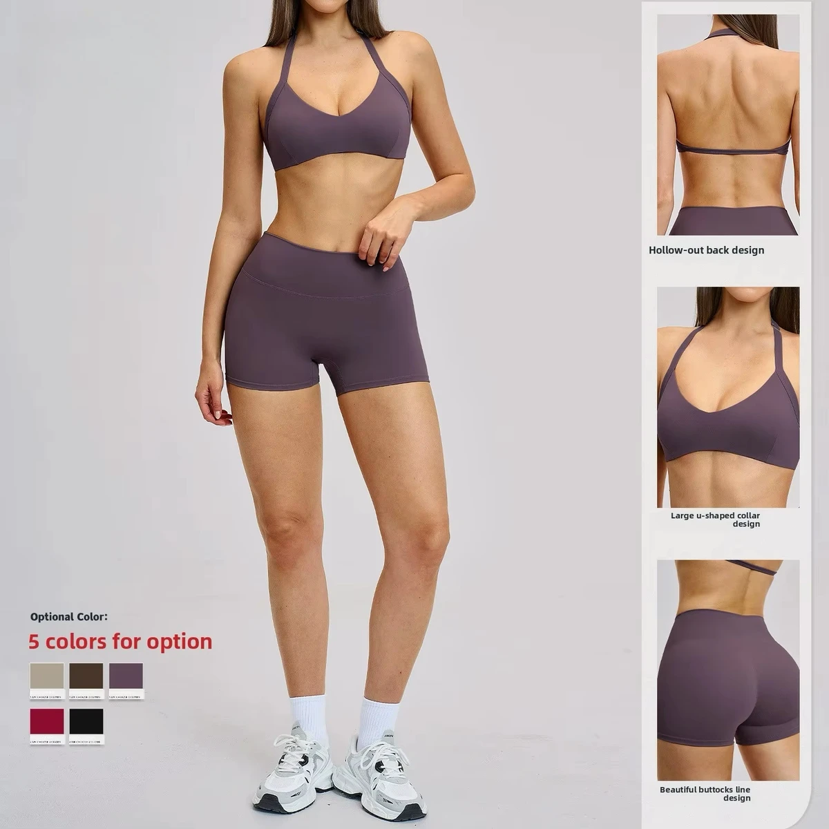 Cross-border Breathable Brushed Sports Yoga Shorts Suit with Hollow Hanging Neck and Beautiful Back Design 2-Piece Set