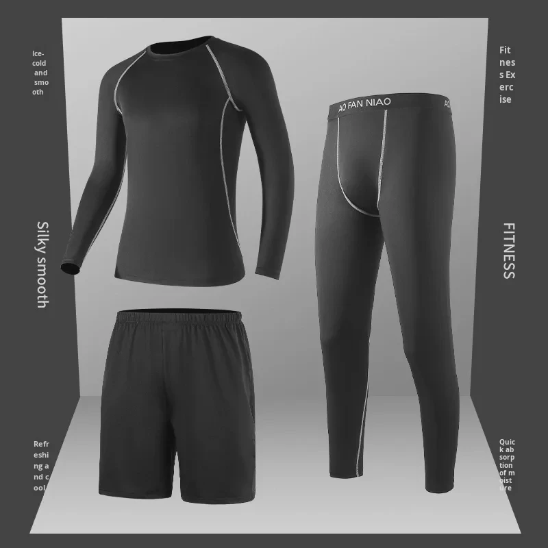 Men's Solid Three-Piece Fitness Training Running Yoga Suit Breathable Quick-Drying Long-Sleeved Tight-Fitting Sweat Suit