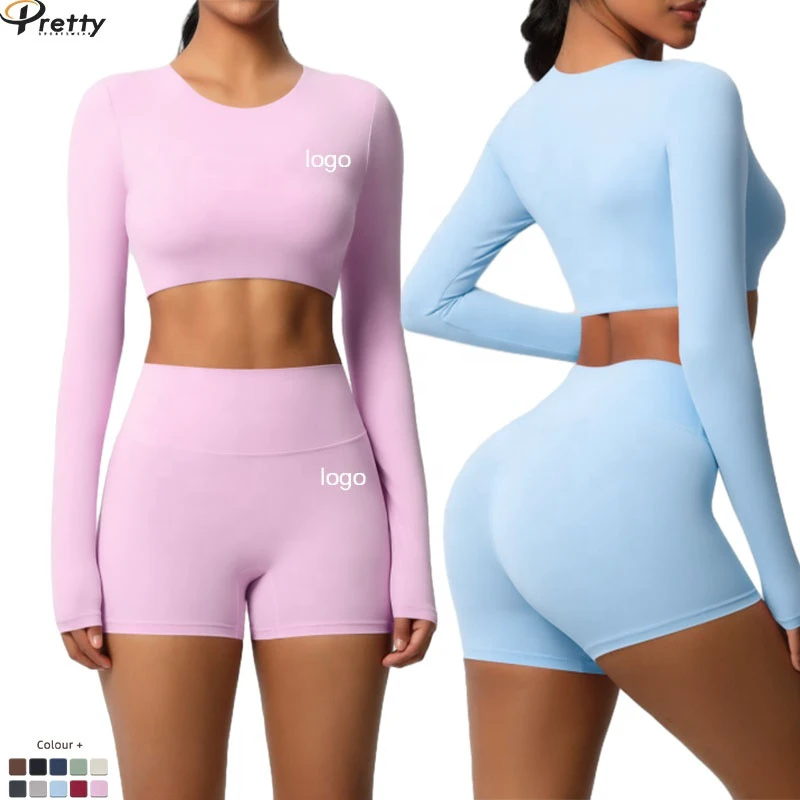 Quick-Drying Women'S Fitness Suit Breathable Neck Long Sleeve Crop Top With Chest Pad Yoga Sets Workout Gym Fitness Set