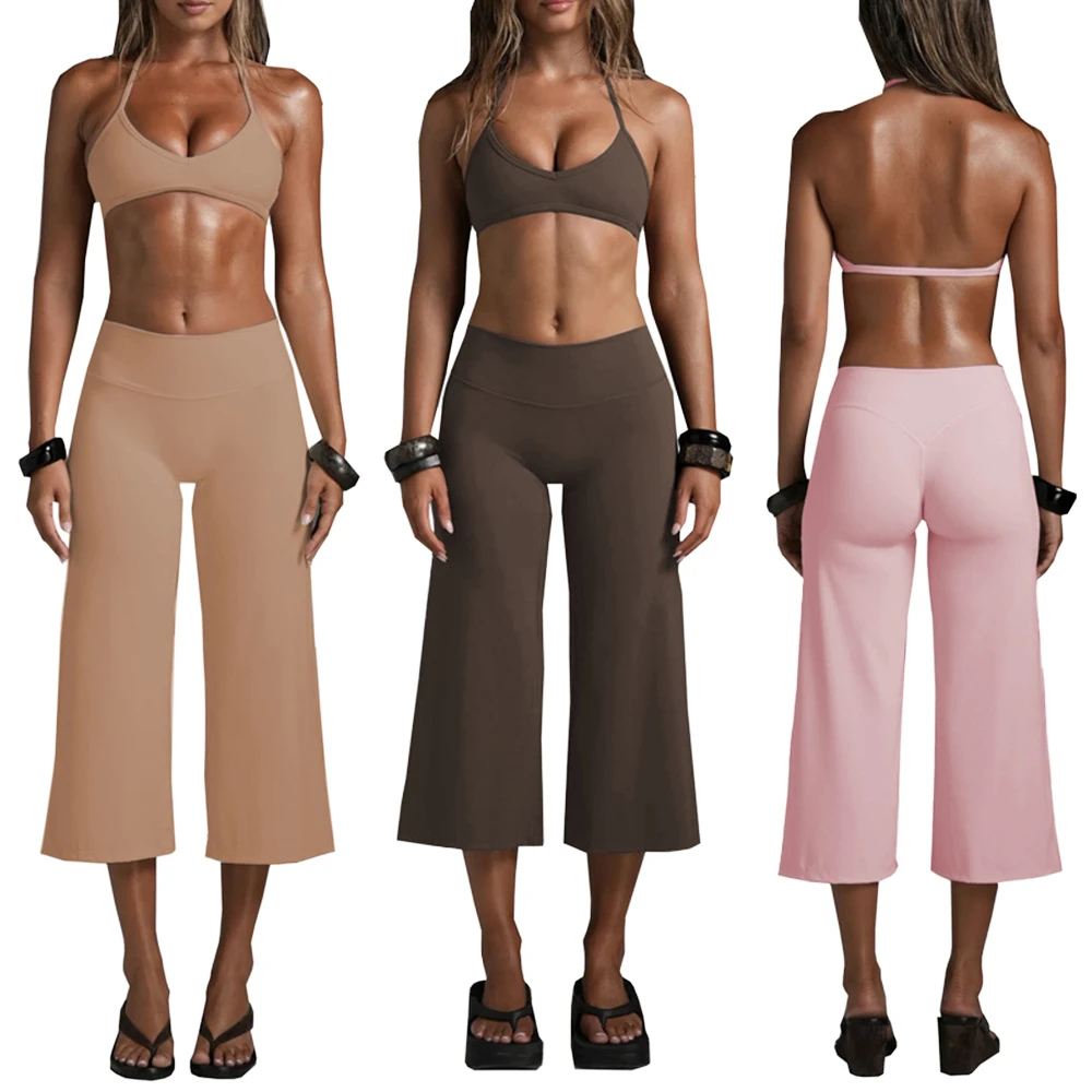 2026 New Plus Size Printed Halter Crop Top Capri Wide Leg Pants Set | High Quality Sexy Summer 2-Piece Yoga Loungewear for Women