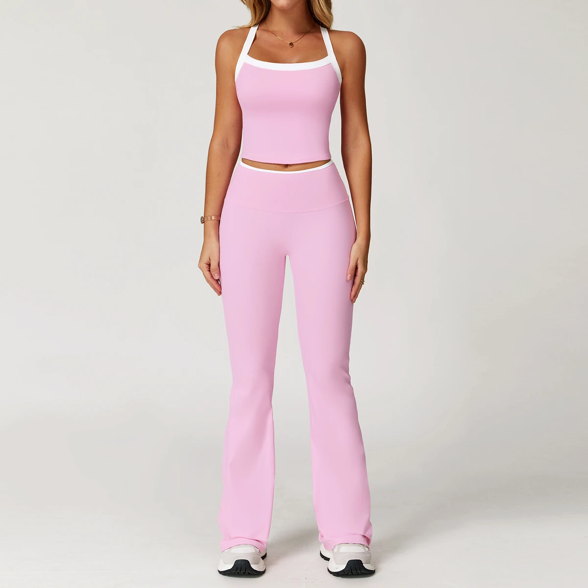 Contrast Color Crop Top High Waist Flare Pants Fitness Yoga Wear Suit Women Gym Active Wear Workout Clothes Set